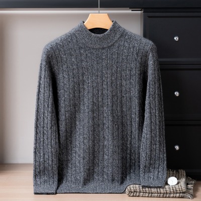 秋冬新款100%纯山羊绒衫男半高领毛衣宽松大码针织打底衫加厚扭花
