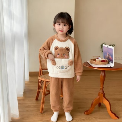 女童男童珊瑚绒睡衣女宝宝法兰绒冬季保暖家居服套装2025新款加绒