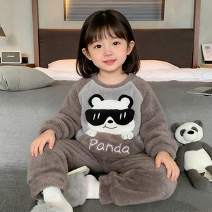家居服套装宽松法兰绒女童熊猫冬季2025新款可爱卡通加厚保暖卡通