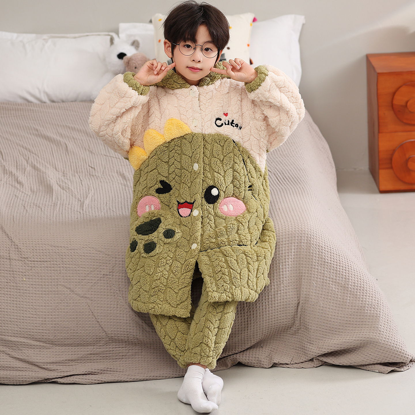 睡衣睡袍冬季加厚加绒长款秋冬男童家居服套装保暖可爱卡通长毛绒