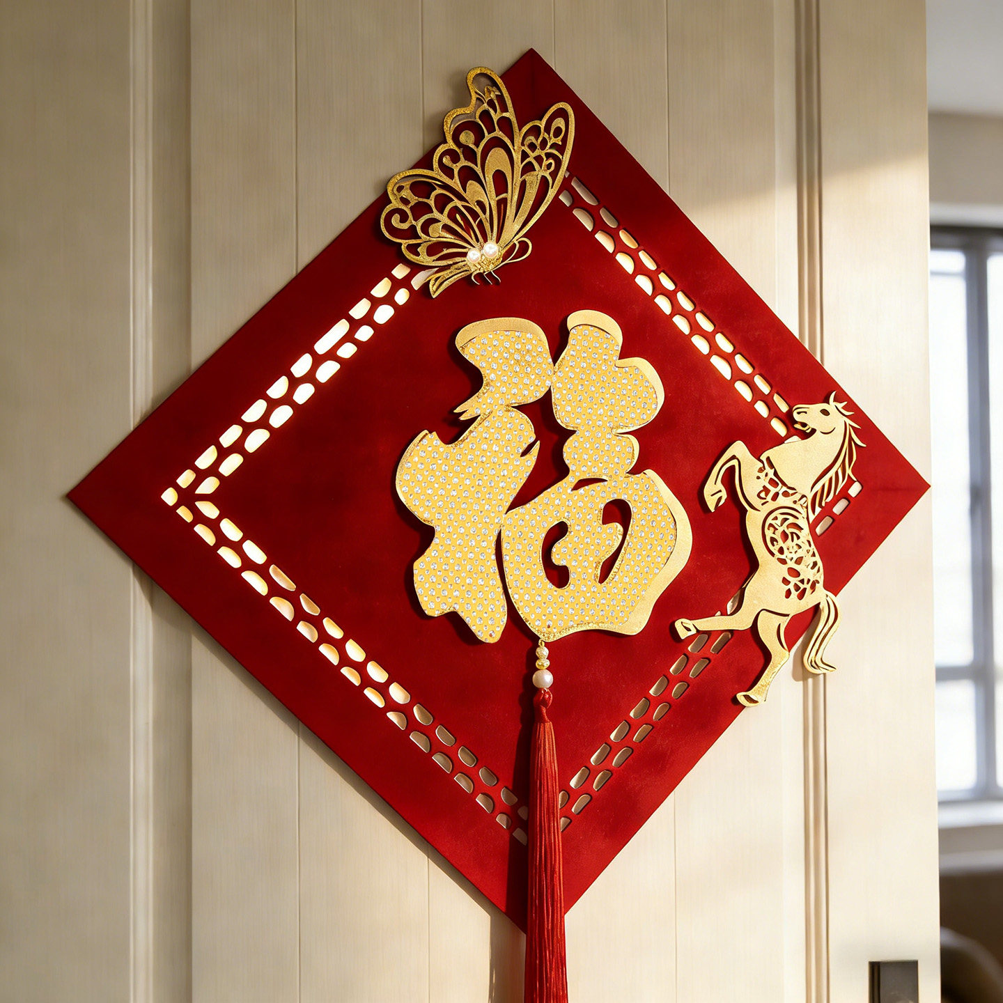 2026马年春节新年新款植绒布烫金新春过年创意装饰流苏福字门贴纸
