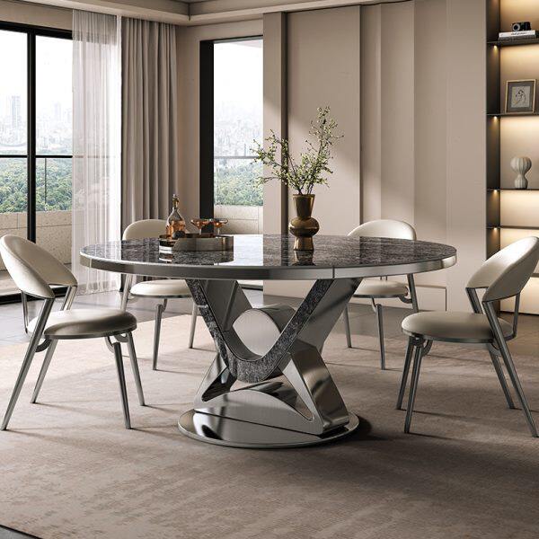 岩板餐桌现代简约轻奢可伸缩折叠圆桌家用10人带转盘大理石吃饭桌