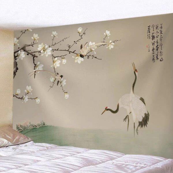 新中式山水花鸟装饰背景布古风桃花梅花背景墙布客厅卧室挂毯画布