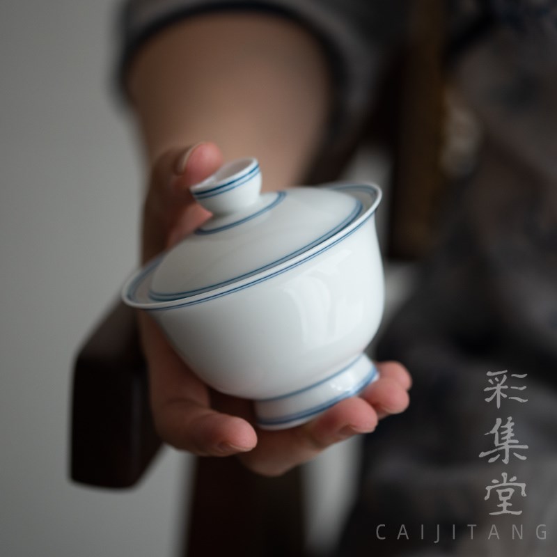 彩集堂 仿清弦纹双o线二才盖碗 高白瓷青花文人茶碗家用茶具单个