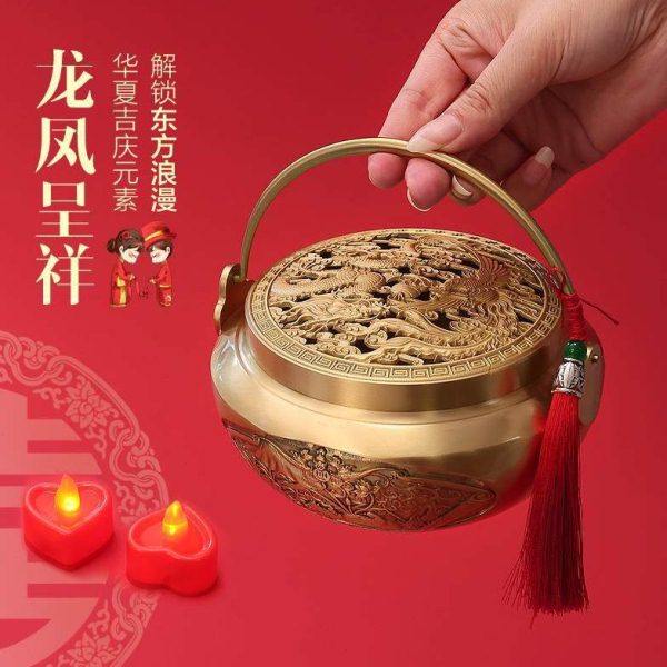 龙凤呈祥火铳黄铜火炉结婚陪嫁国风暖手炉家用室内中式香炉旺夫炉