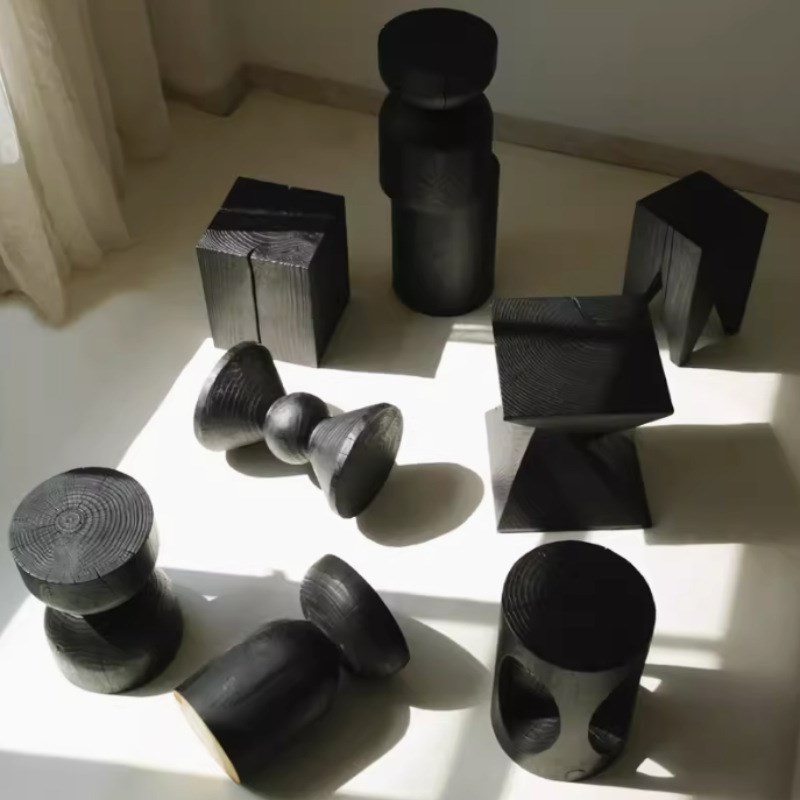 侘寂风木墩子边几凳子碳化原木方形矮凳民宿木桩摆件实木