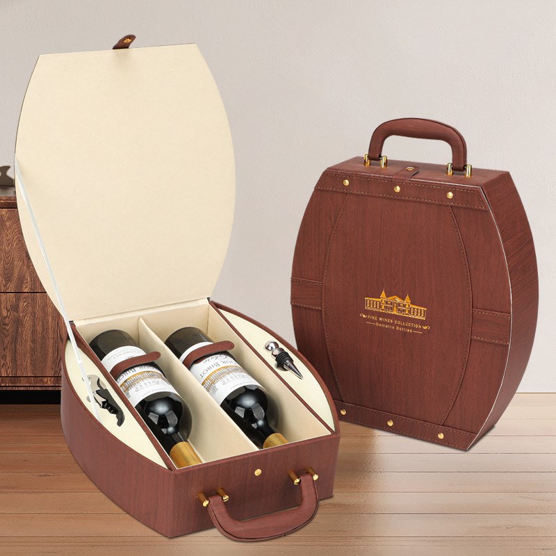 复古木质橡木桶红酒盒皮质手提双支葡萄酒盒包定制高档包装礼品盒