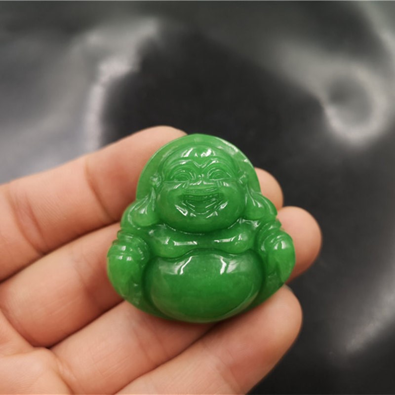 老玉匠 干青铁龙生翠玉大肚佛 阳绿色白底青玉佛挂件 玉坠
