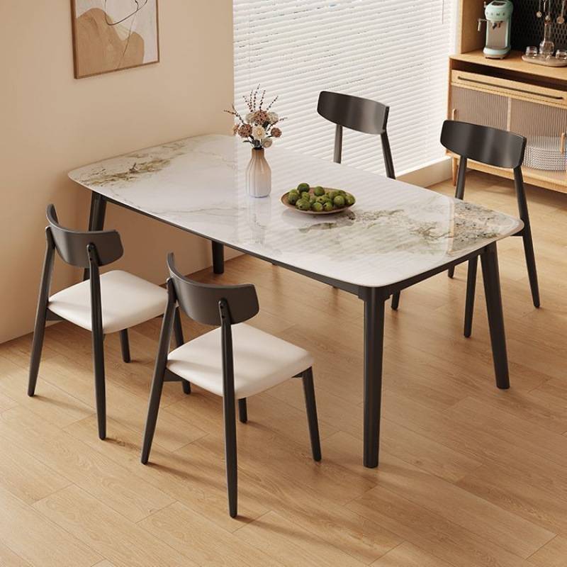 原木色岩板餐桌现代简约家用小户型吃饭桌子奶油风长方形餐桌椅