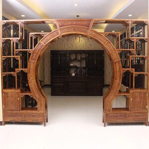红木博古架双圆花梨月洞门实木紫檀圆门客厅隔断拱门伸缩新中式大