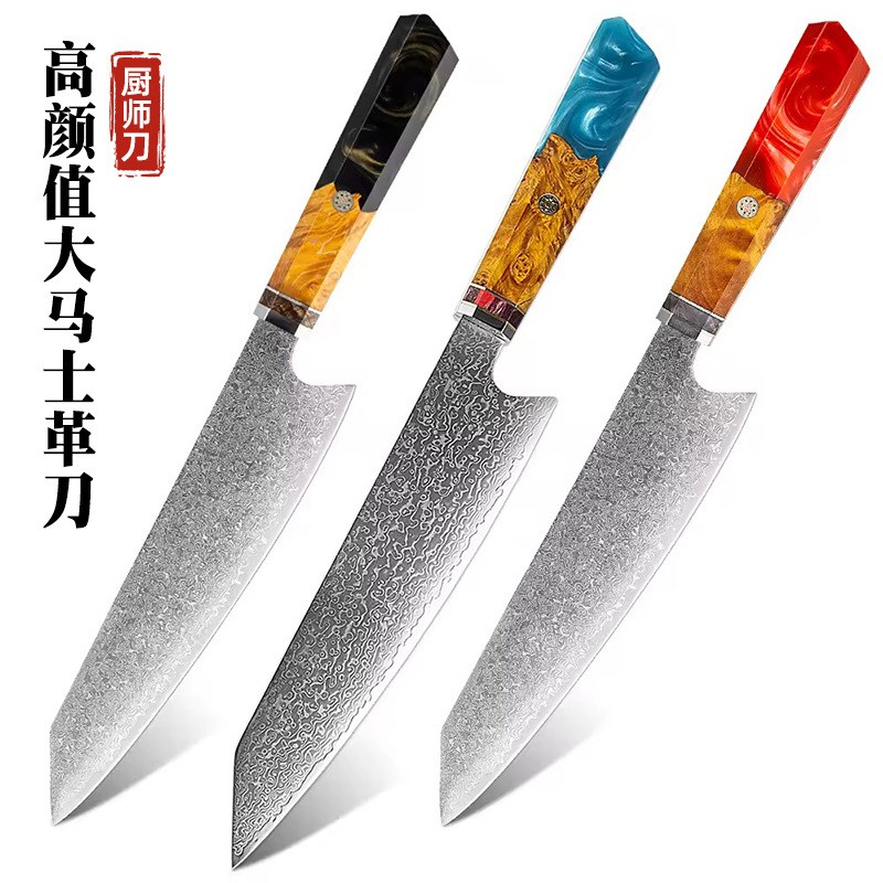 现货大马士革钢8寸厨师刀稳定柄八角柄日式鱼生刀切片刀料理刀批