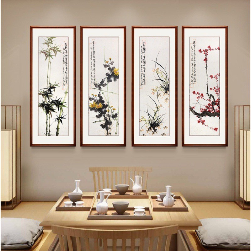 水墨梅兰竹菊四条屏花鸟挂画中式客厅沙发背景墙四联装饰国画手绘