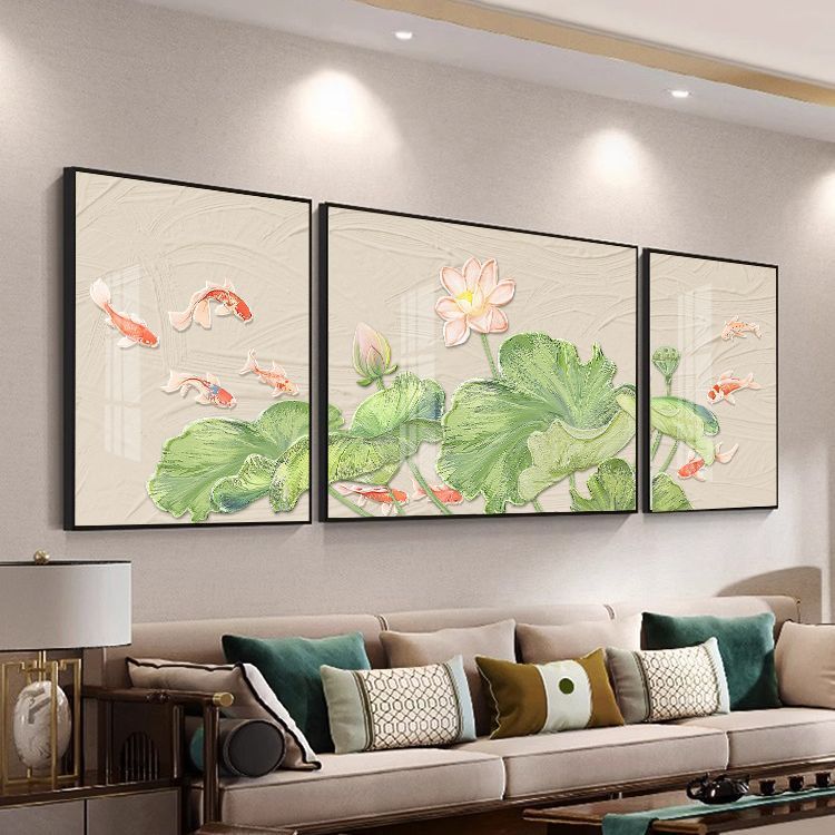 新中式客厅装饰画沙发背景墙挂画荷花九鱼图寓意好大气壁画三联画