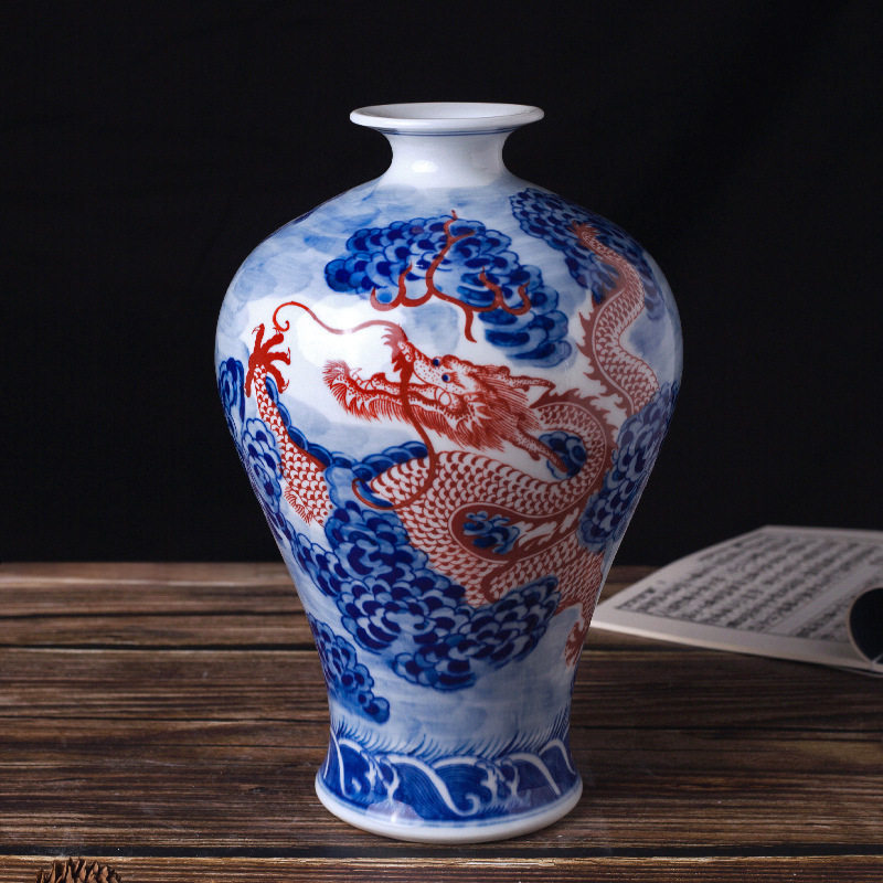 景德镇陶瓷仿古青花釉里红花瓶 中式瓷器家居玄关装饰摆件工艺品