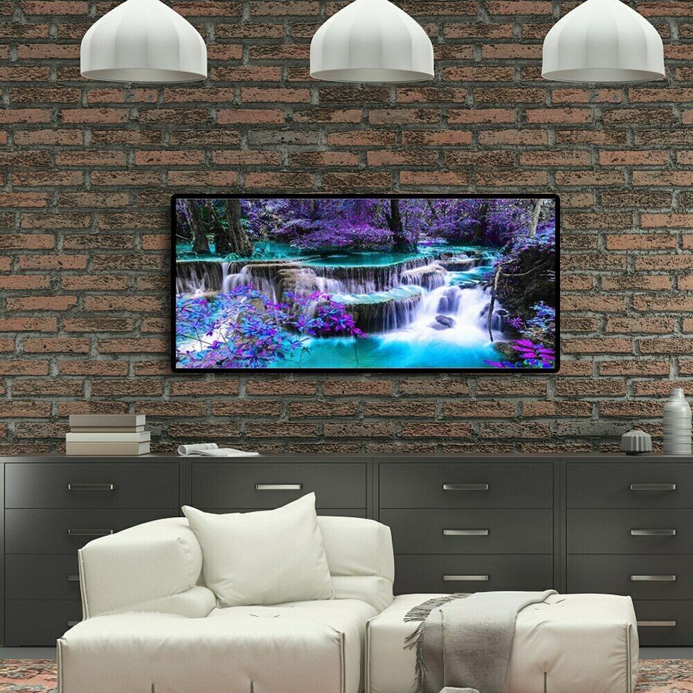 现代简约紫色树林瀑布风景 喷绘画 创意沙发背景墙装饰画玄关挂画