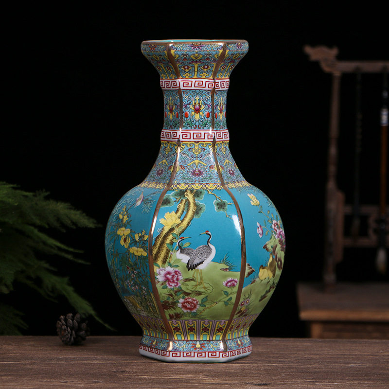 景德镇陶瓷珐琅彩六方花鸟花瓶仿古中式瓷器装饰品摆件工艺品