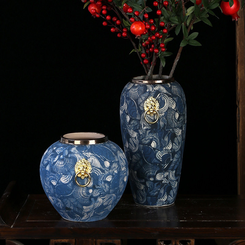 景德镇金口干花陶瓷青花瓷花瓶欧式中式花器台面花插插花复古摆件