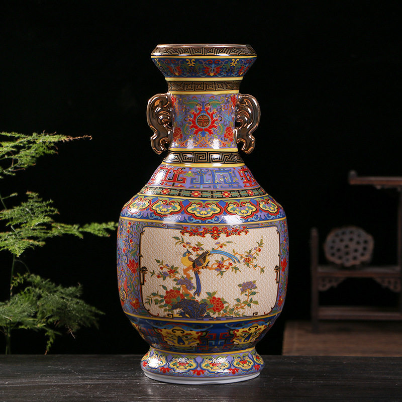 仿古中式瓷器珐琅彩开窗双耳花鸟赏瓶景德镇家居客厅陶瓷花瓶摆件