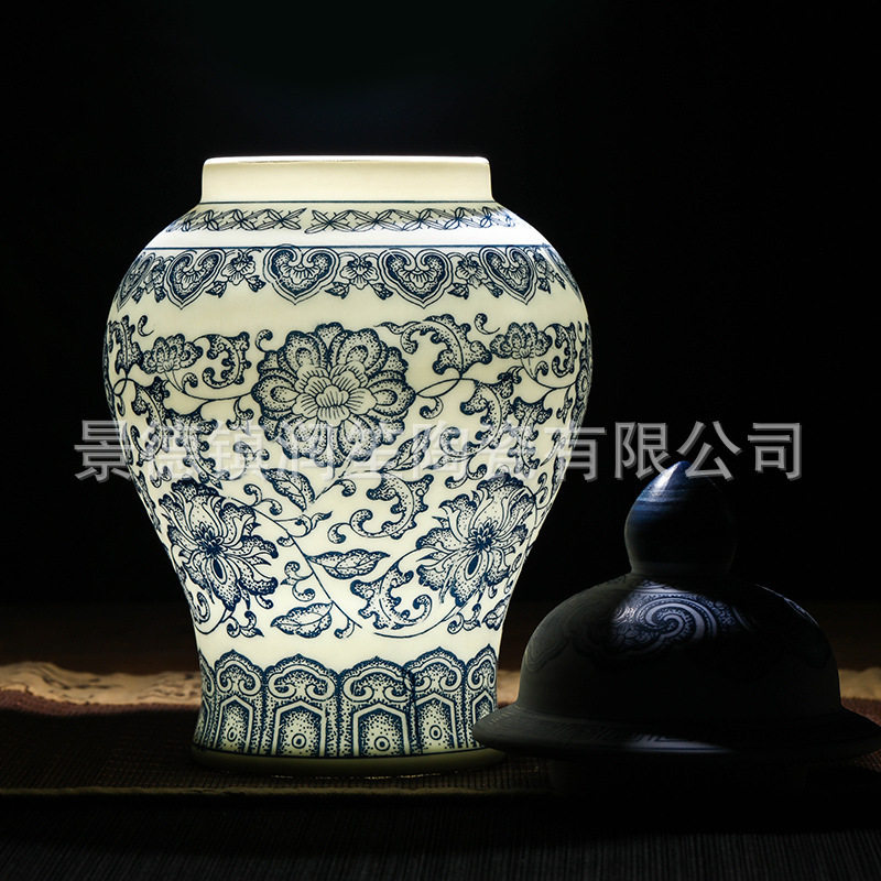 景德镇陶瓷器花瓶摆件客厅插花创意现代中式博古架石榴工艺装饰品