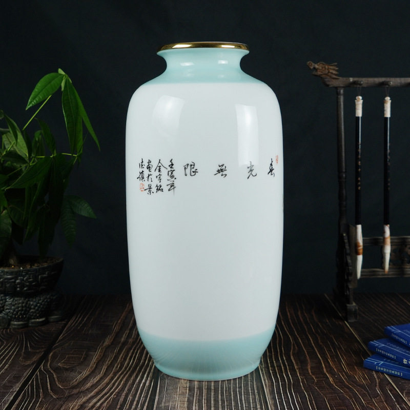 描金中式粉彩花瓶景德镇家居客厅花鸟陶瓷摆件博古架玄关工艺品