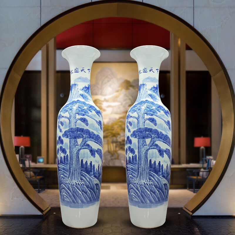 景德镇青花陶瓷器手绘松迎天下落地大花瓶家居酒店开业大摆件中式