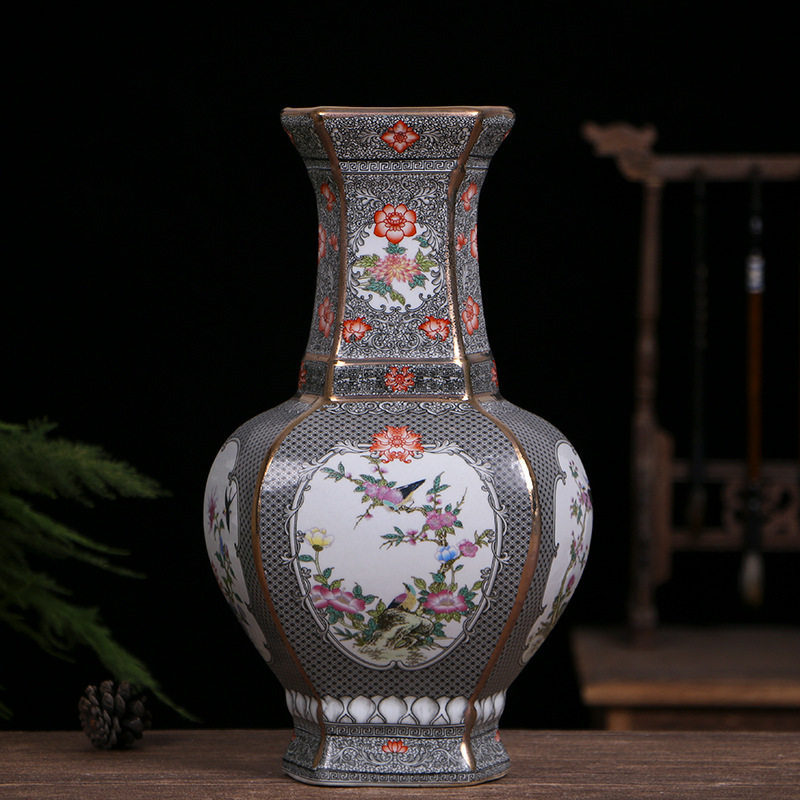 景德镇陶瓷珐琅彩花开富贵六方花瓶仿古中式瓷器装饰品摆件工艺品