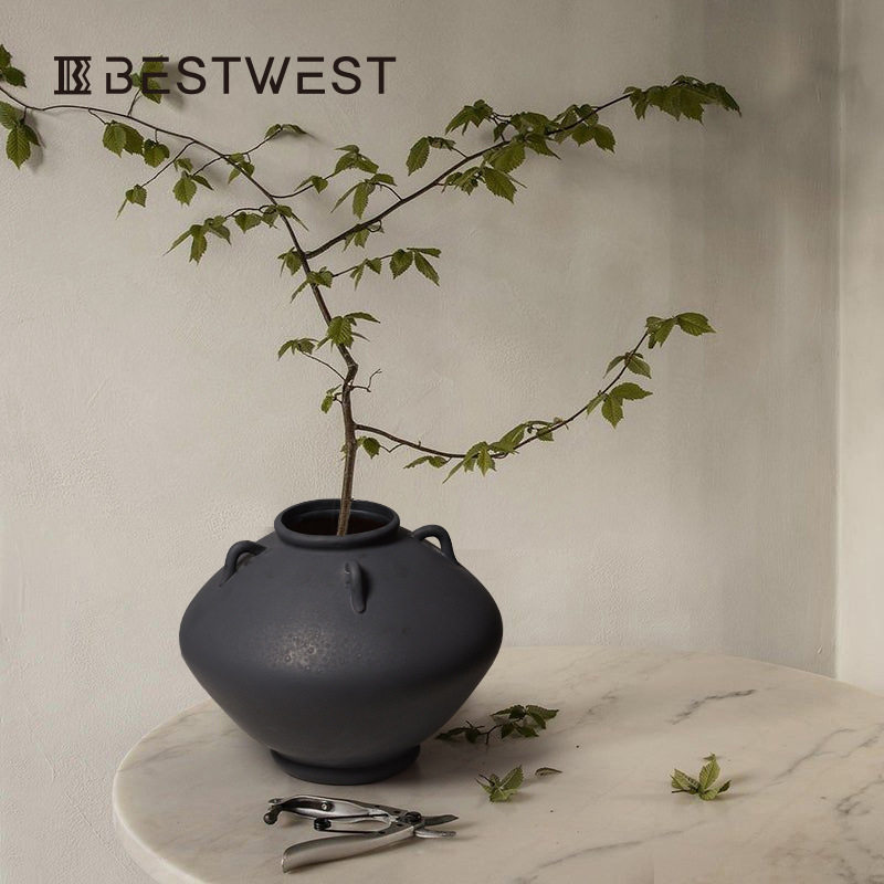 Best west 大肚粗陶复古做旧陶瓷花瓶摆件 高档新中式装饰品陶罐
