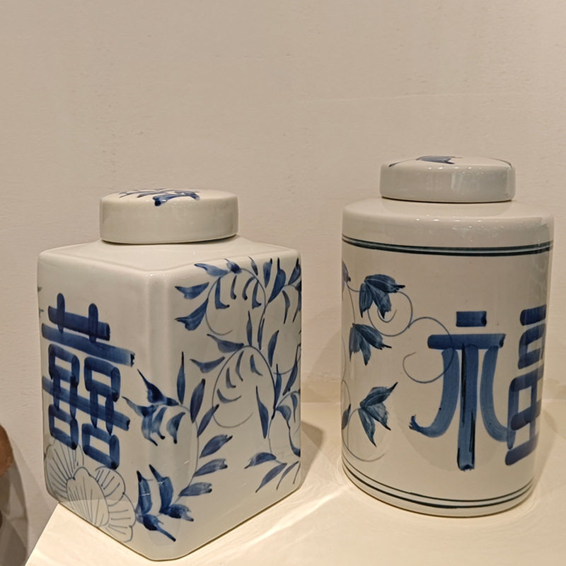新中式复古青花瓷陶瓷花瓶创意玄关客厅装饰品摆件福喜字储物罐