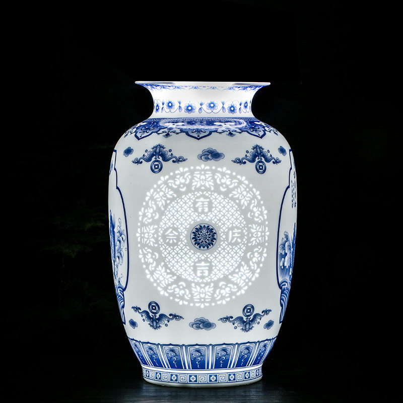 青花粉彩玲珑花瓶 景德镇仿古中式陶瓷摆件 瓷器客厅家居工艺品