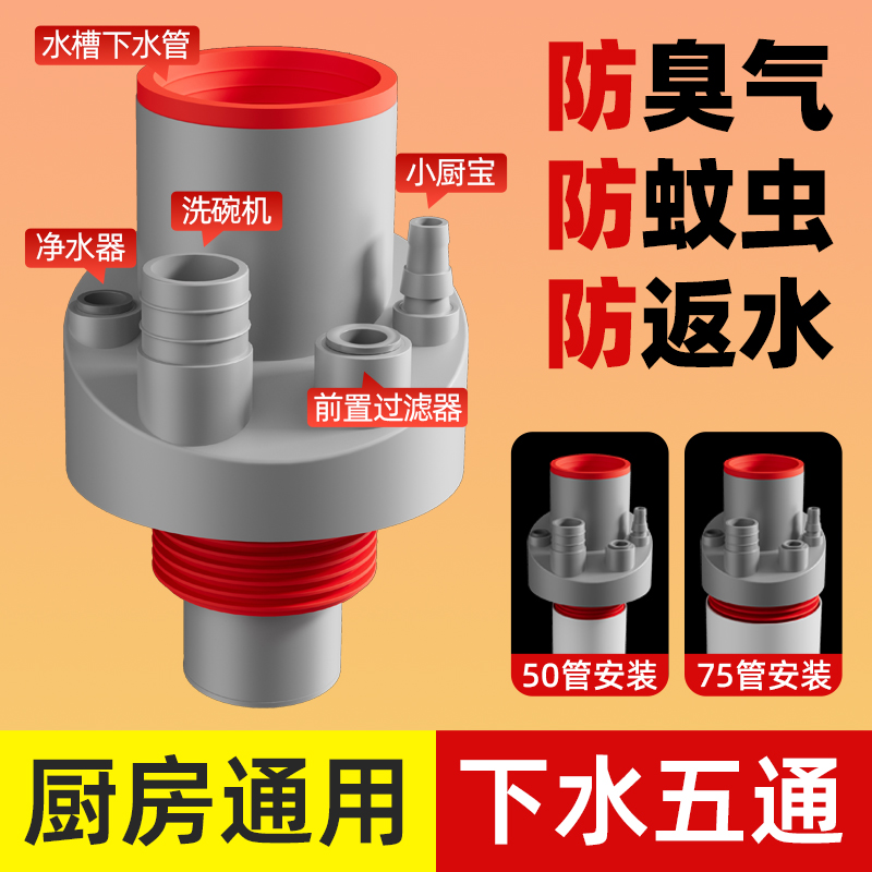 厨房多功能防臭三通神器密封塞通用卫生间阳台排水管下.水道分流