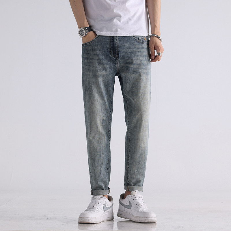 高端透气 印花九分牛仔裤男士2026新款潮流修身弹力直筒水洗9分裤