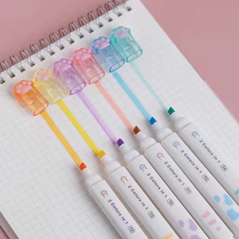 猫爪荧光笔学生用彩色记号笔12色多种颜色划重点划U线标记笔双头