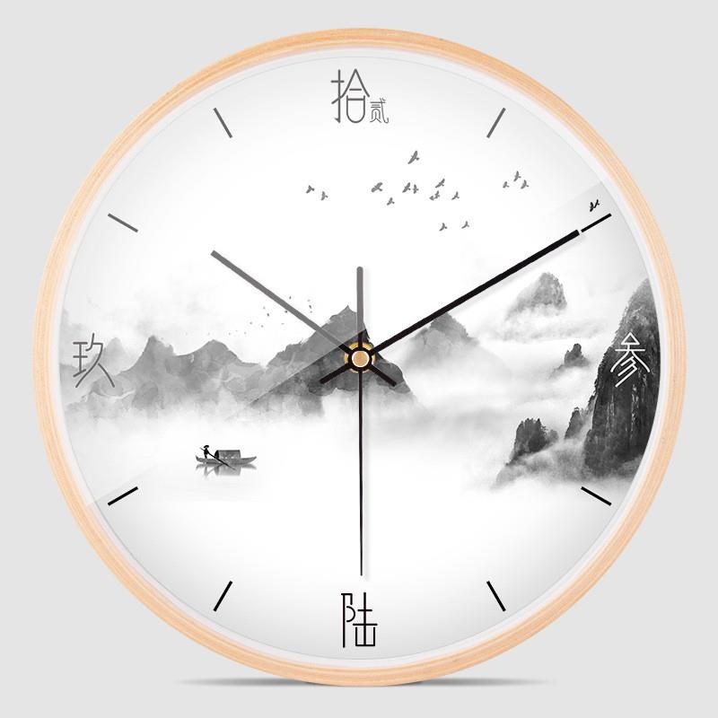 10寸12寸实木边框挂钟客厅x卧室静音时钟桦木新中式中国水墨画钟