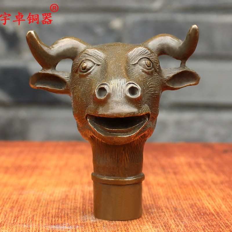 宇卓铜器纯铜拐杖把手黄铜雷w震子生肖牛头鹰头拐杖头工艺品摆件
