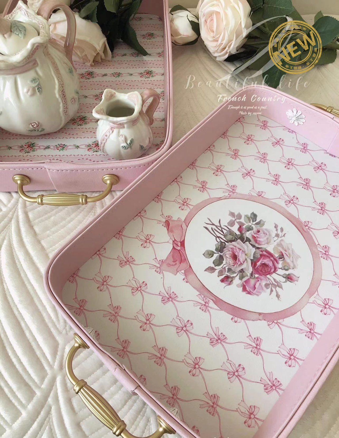 欧式茶盘颜值爆表复古金色手柄收納托盘长方形茶杯盘拍.照道具盘