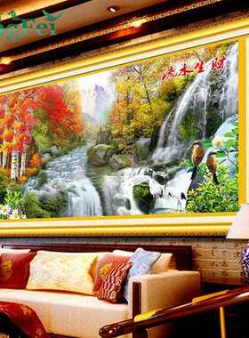 青飞财源滚滚流水生财鸟语花香十字绣客厅山水风景金色富锦枫林