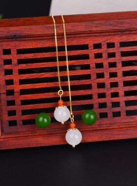 和田白玉耳钉长款玉石女士款碧玉耳坠925银镀金简单圆珠镶嵌耳线