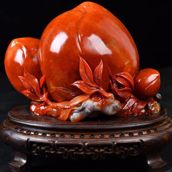 福建寿山石朱砂寿桃摆件家居圆雕客厅装饰摆设俏色巧雕原石工艺品