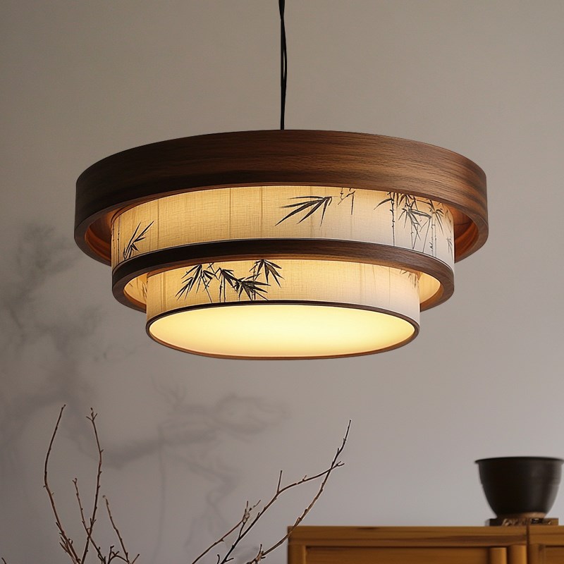 宋代美学圆形胡桃木彩绘竹u叶山水风情客厅吊灯餐厅卧室茶室包厢