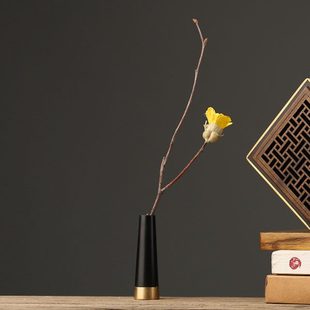 中式复古黄铜实木花插底座日式禅意家居摆件创意艺术木质干花花器