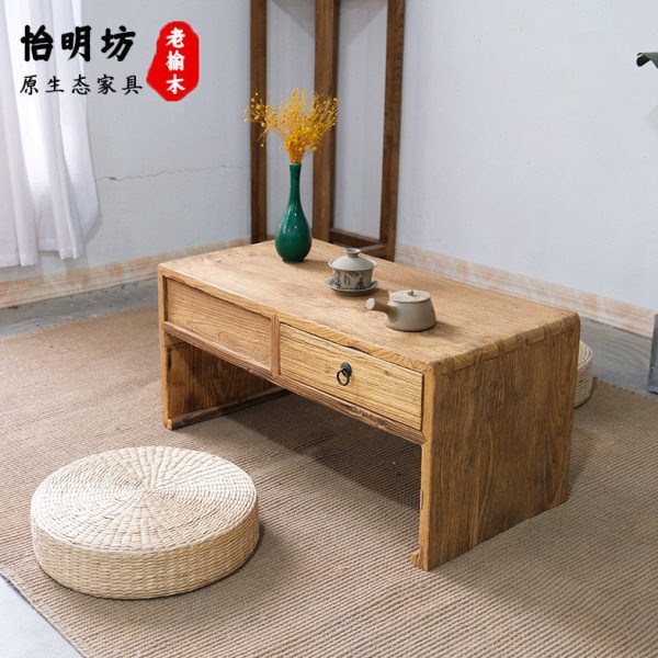 老榆木榻榻米茶桌实木茶几带抽屉炕桌家用简约飘窗矮桌阳台小桌子图片