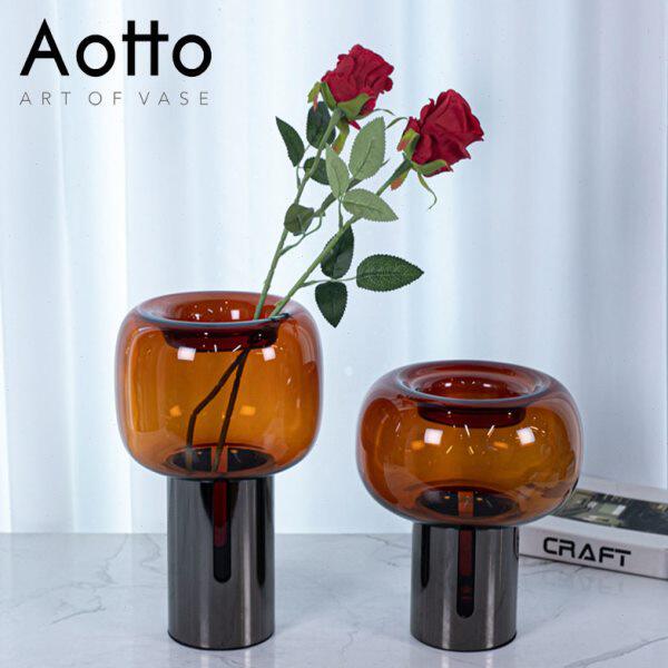 轻奢艺术创意玻璃花铁框圆筒底座插花餐桌软装饰品摆件花器