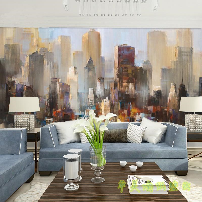 个性抽象城市油画壁纸复古电视沙发客厅G背景墙壁画酒店墙纸墙布3