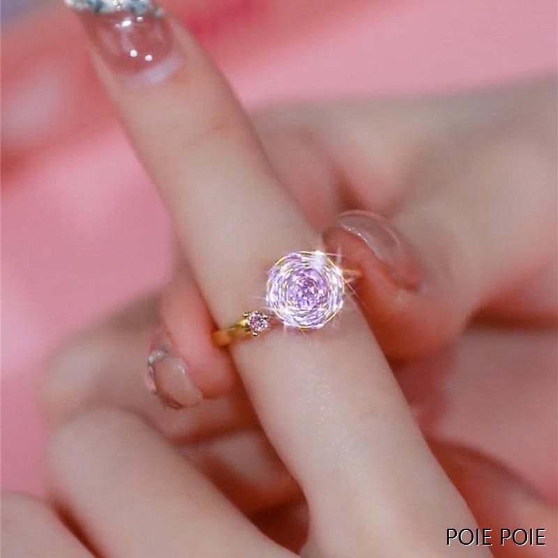 高级感抖音爆款轻奢时尚旋转气质粉色戒指超闪满R钻开口指环个性