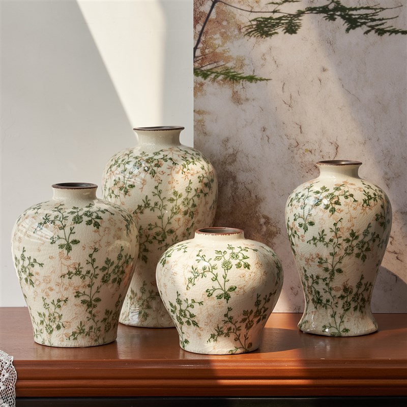 新中式田园风繁花覆n古冰裂陶瓷花瓶插花鲜花水培客厅餐桌创意摆