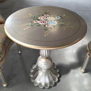 至高美圆桌实木台面圆几香槟银色彩绘茶几咖啡桌阳台一桌两椅整装