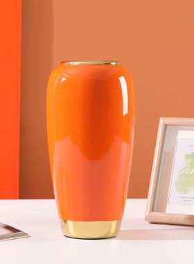 新中式轻奢风格电镀金边石榴红果插花橙色墨绿陶瓷大花瓶家居摆件