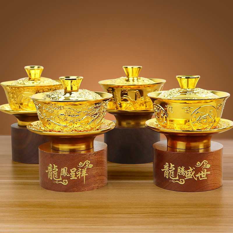 铜碗茶具摆件金属古玩三件套茶具古典浮雕茶碗杯具摆件送礼