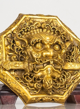 狮咬剑挂件纯铜狮子头八卦镜虎头牌兽头睚眦门神摆件门对门厕所