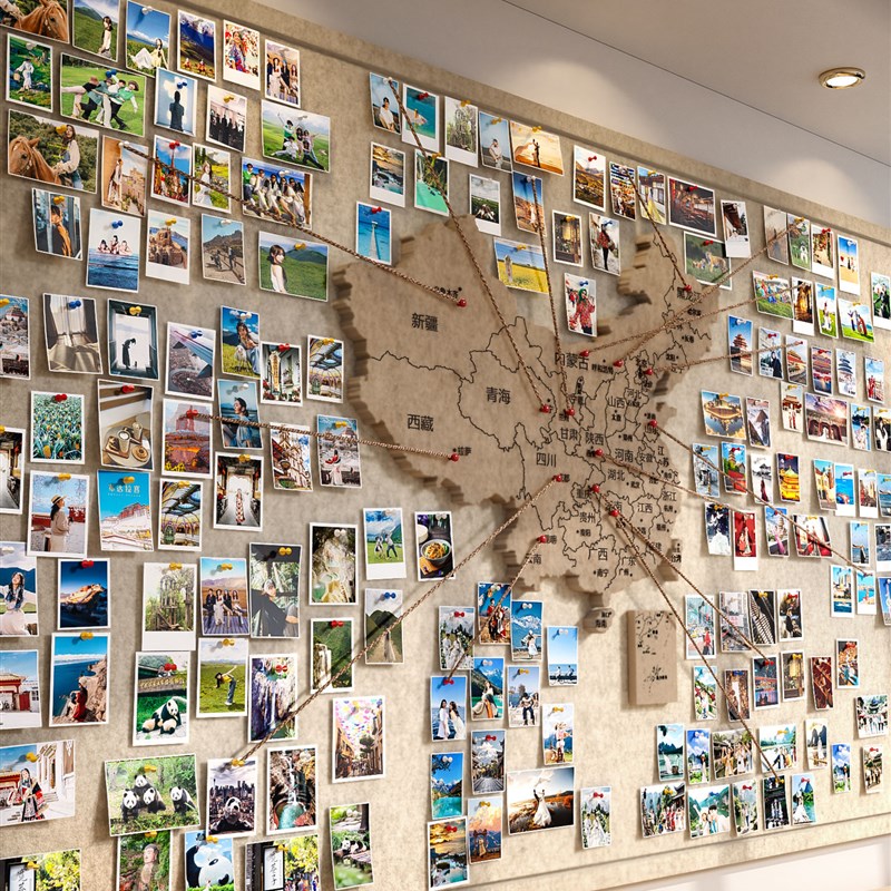 免打孔照片墙毛毡板旅行q中国地图照片墙足迹打卡创意背景玄关客